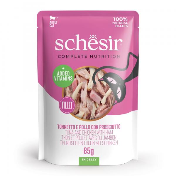 Schesir preliv za mačke tuna, piletina i šunka u želeu 85gr